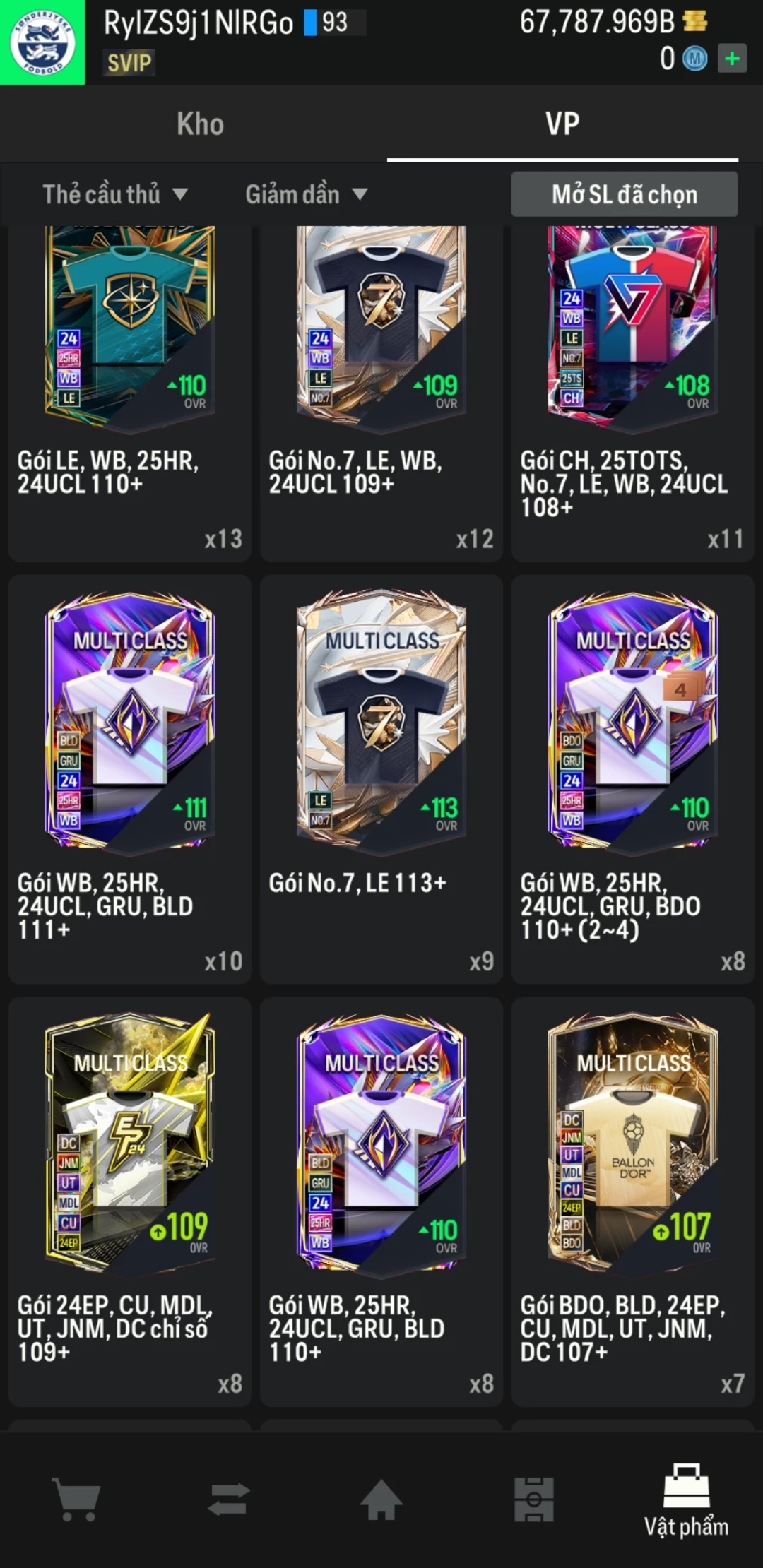 Ảnh ACC mở thẻ (LOẠI SVIP PROMAX) bao gồm 1 gói thẻ +12, thẻ PRIME và 1000+ thẻ cầu thủ từ Siêu sao đến Miền núi các loại. Có sẵn BP trắng trong acc từ 57.000 tỷ BP đến 67.000 tỷ BP, kèm theo nhiều ngày SVIP